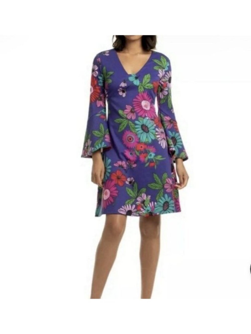 Trina Turk Tenderness Shift Dress Size 6 Floral Bright V-Neck Bell Sleeve NWT
